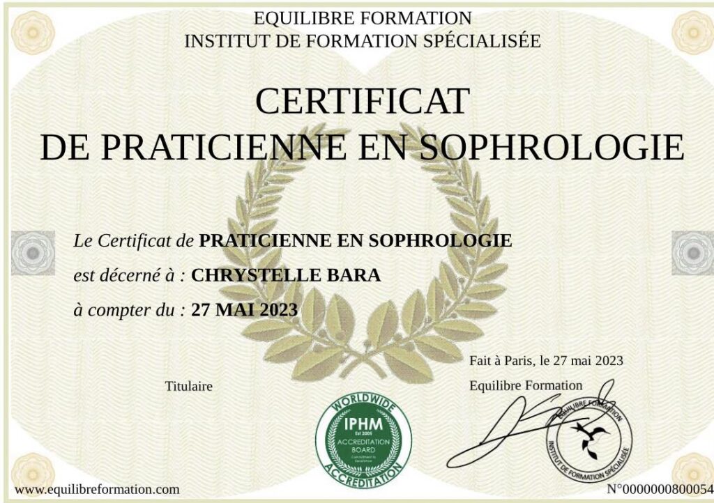 certificat de praticienne en sophrologie Chrys Guidance